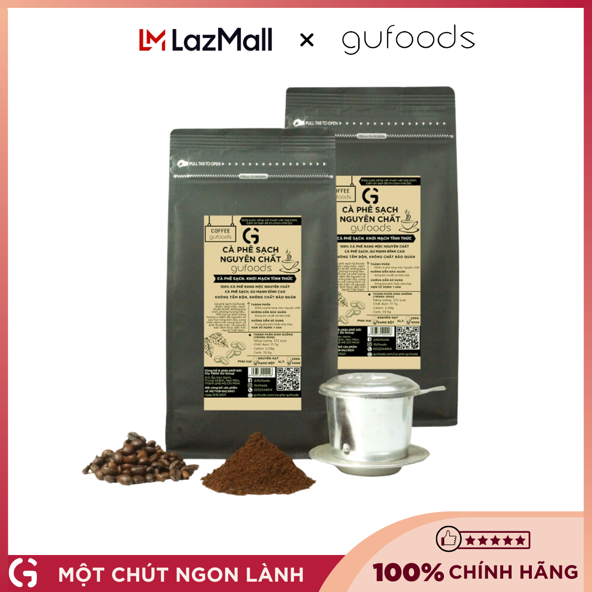 Combo 2 gói Cà phê sạch nguyên chất GUfoods - Robusta rang mộc, Nguyên hạt / dạng bột