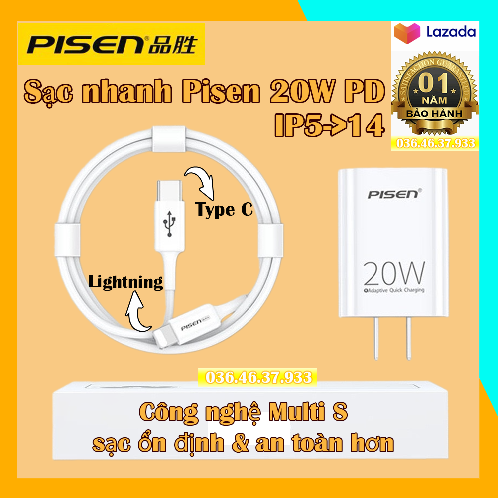 Bộ sạc nhanh iPhone 20W PD Pisen cao cấp cáp Type C to Lightning BH 1 Năm
