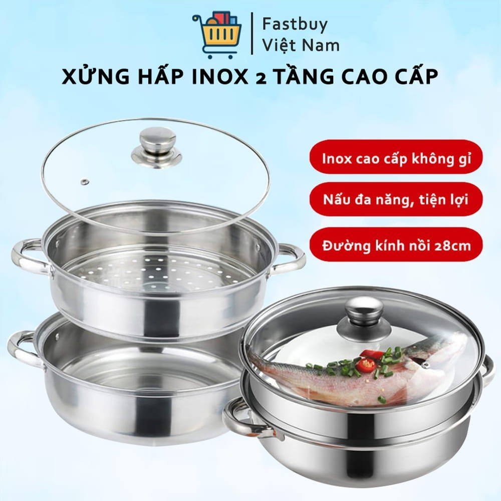 Nồi hấp inox 2 tầng nox cao cấp nắp kính fi 28 cm, xửng hấp 2 tầng tiện lợi dễ lau chùi