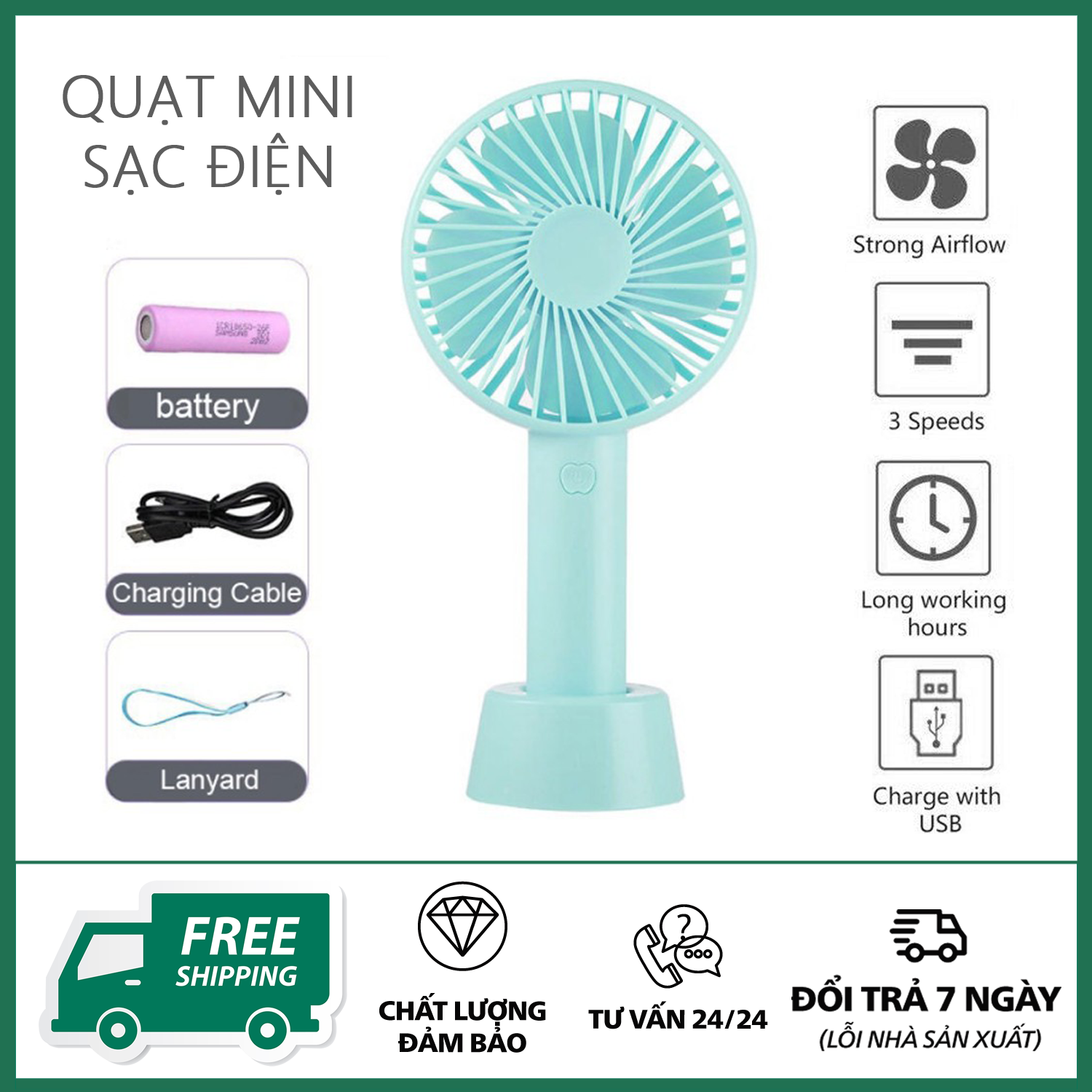 Quạt mini cầm tay - Quạt mini sạc điện - Quạt cầm tay mini, tích điện có chân để bàn tiện ích - 3 mức độ gió siêu mát SS-2- Đầy đủ phụ kiện dây sạc + Đế quạt ( Màu ngẫu nhiên).