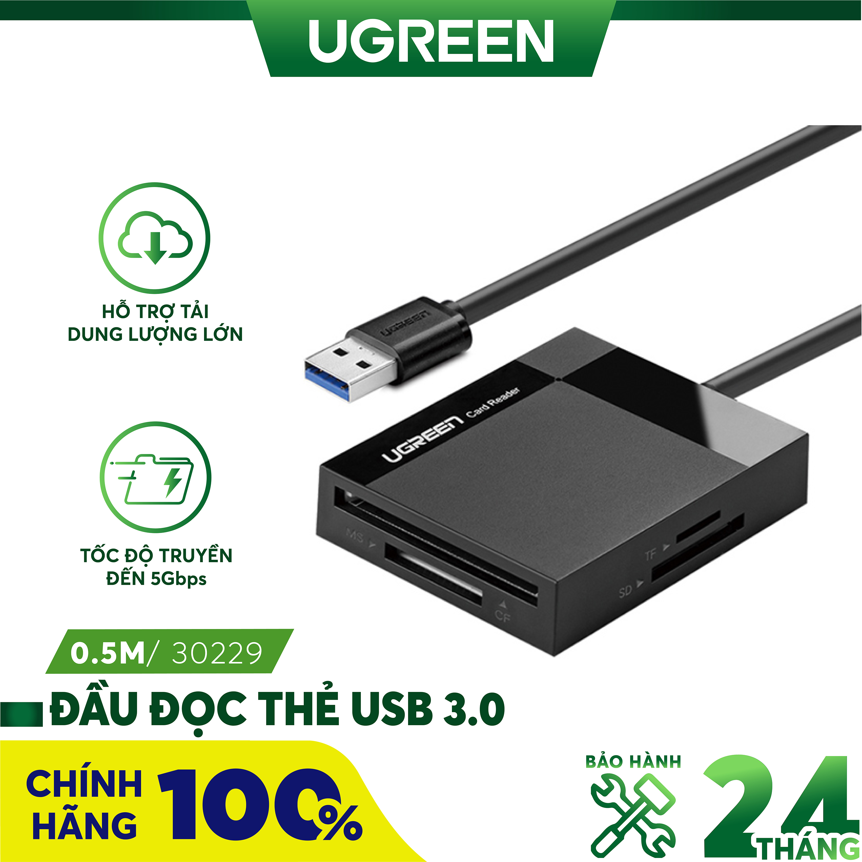 Đầu đọc thẻ USB 3.0 hỗ trợ thẻ TF/SD/CF/MS dài 0.5m UGREEN 30229