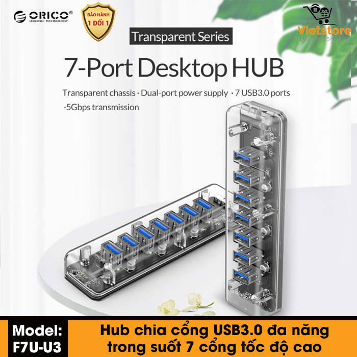 SIÊU SALE 6-6 HUB 7 cổng ORICO 7 Port USB3.0 Transparent HUB (F7U) - Phân phối bởi Vietstore