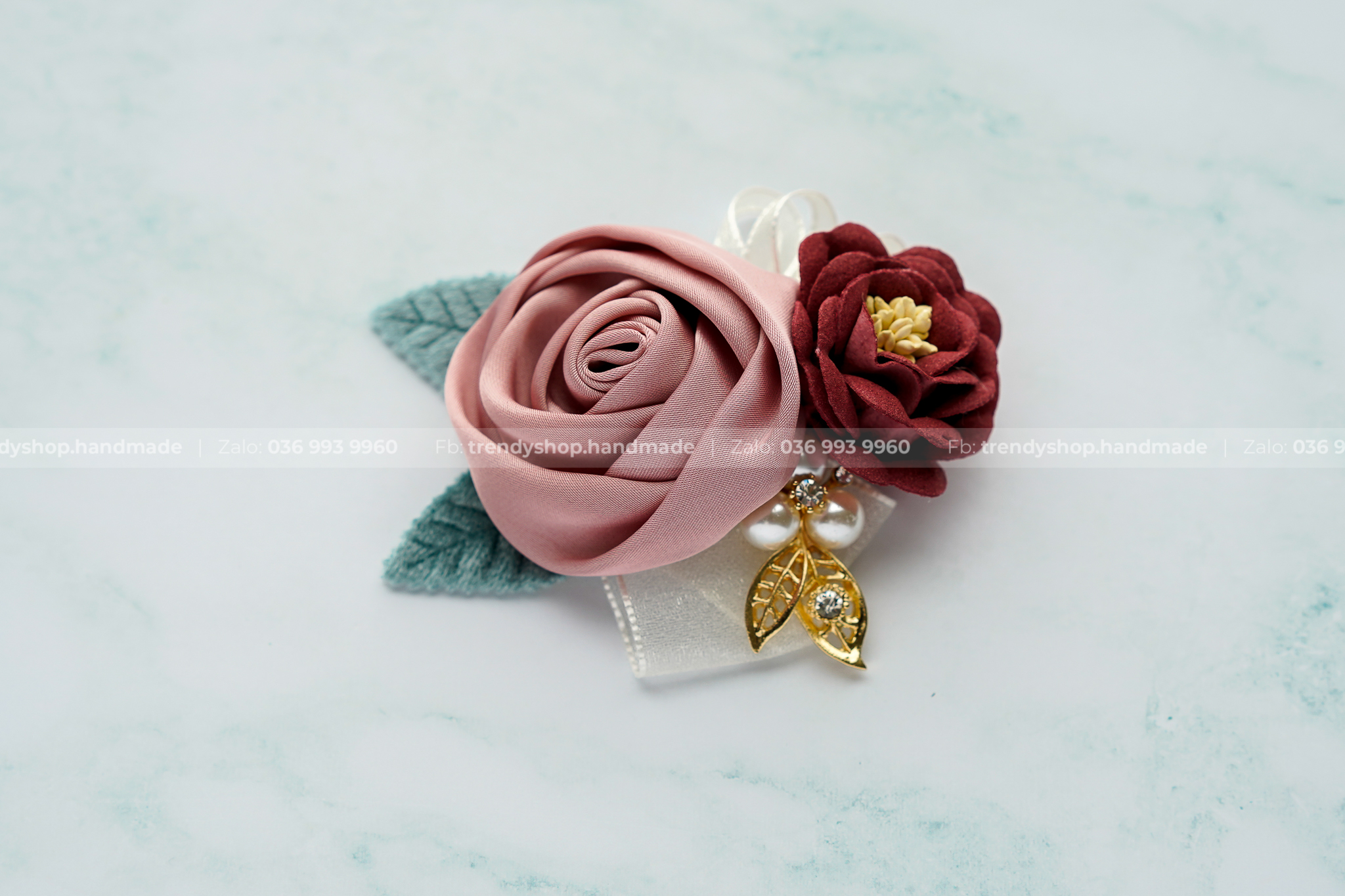 Hoa trà cài áo mix hoa búp cành lá trai - Hoa cài áo handmade
