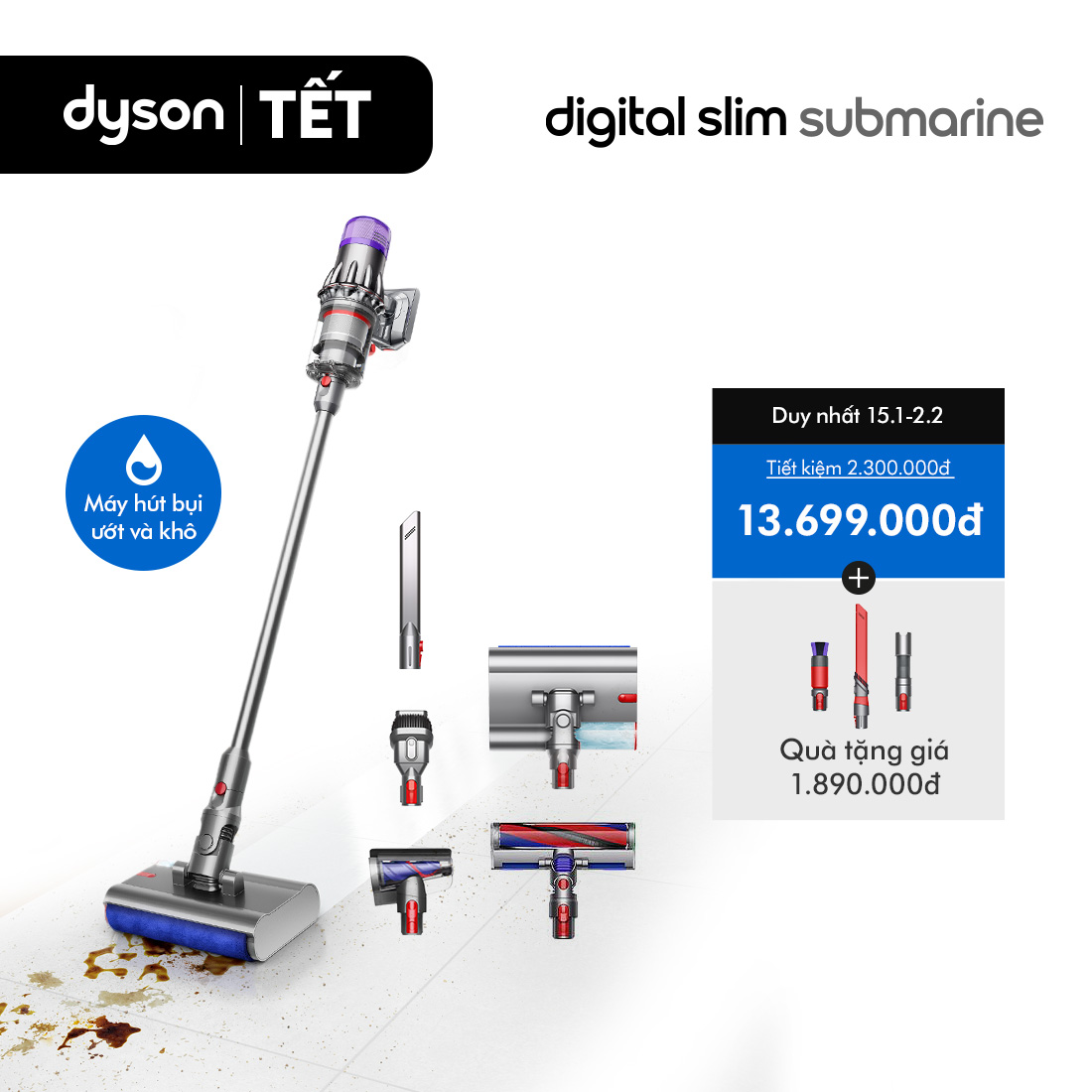   DUY NHẤT 1-3.1: VC 12% Tối đa 3 Triệu  Máy hút bụi lau nhà Dyson Digital Slim SubmarineTM  Khô và Uớt  