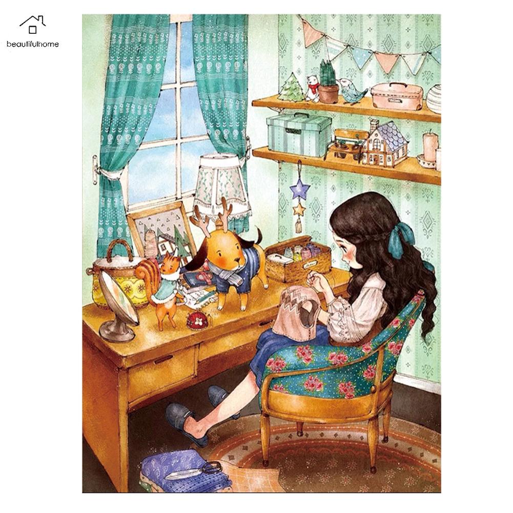 [Beautifulhome] Bộ Dụng Cụ Khâu Chữ Thập Eco-sợi Bông 11CT Đóng Dấu Tự Làm Thủ Công Cô Gái Khung Tranh Thêu Trang Trí Nội Thất
