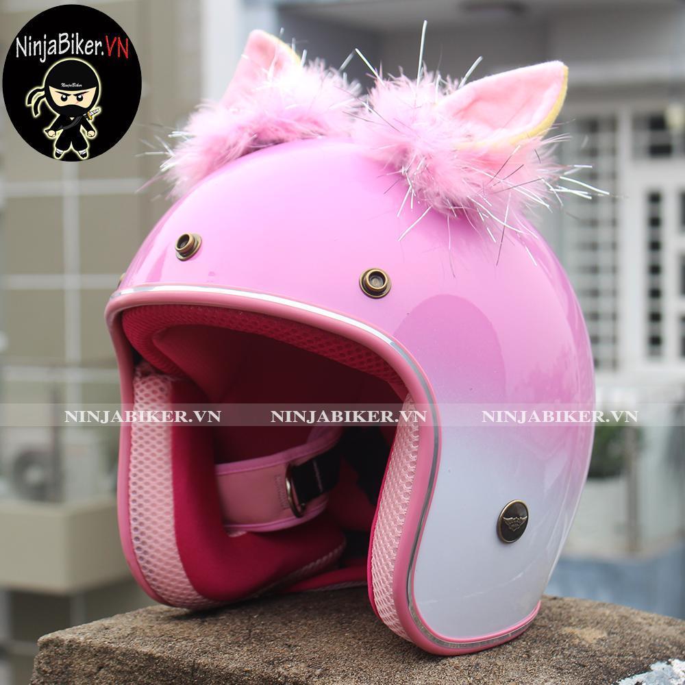 NÓN BẢO HIỂM 3/4 TRẮNG LOANG HỒNG GẮN TAI THÚ HỒNG LÔNG HỒNG