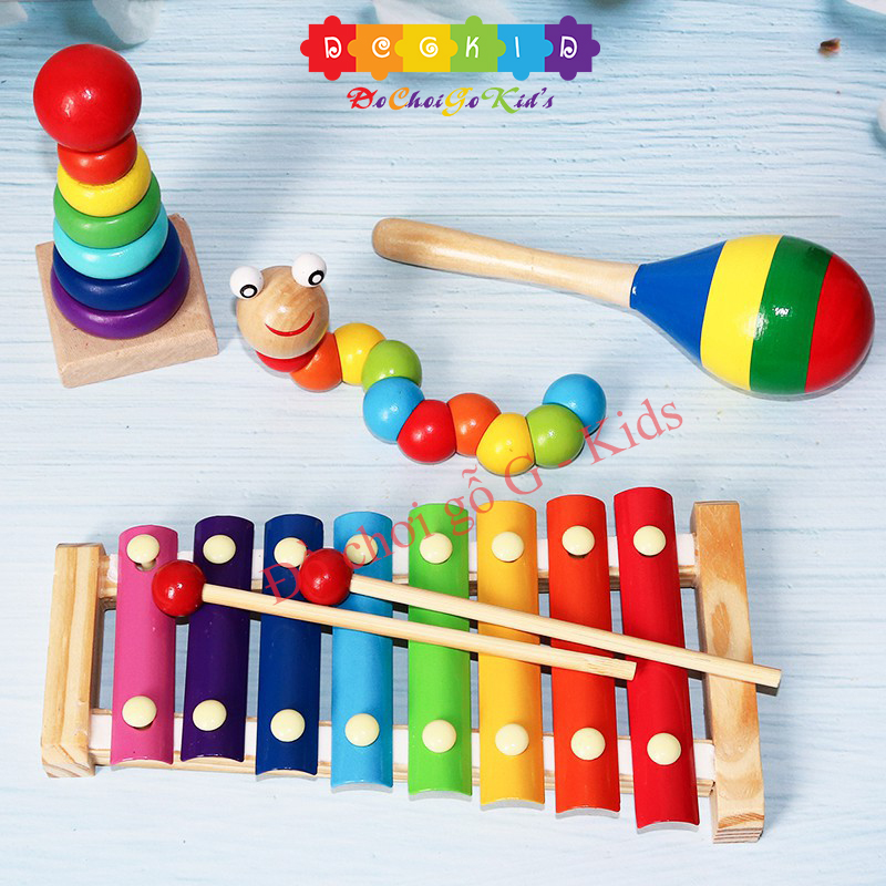 Combo 4 món đồ chơi cho bé - đàn gỗ sâu gỗ tháp gỗ lục lạc