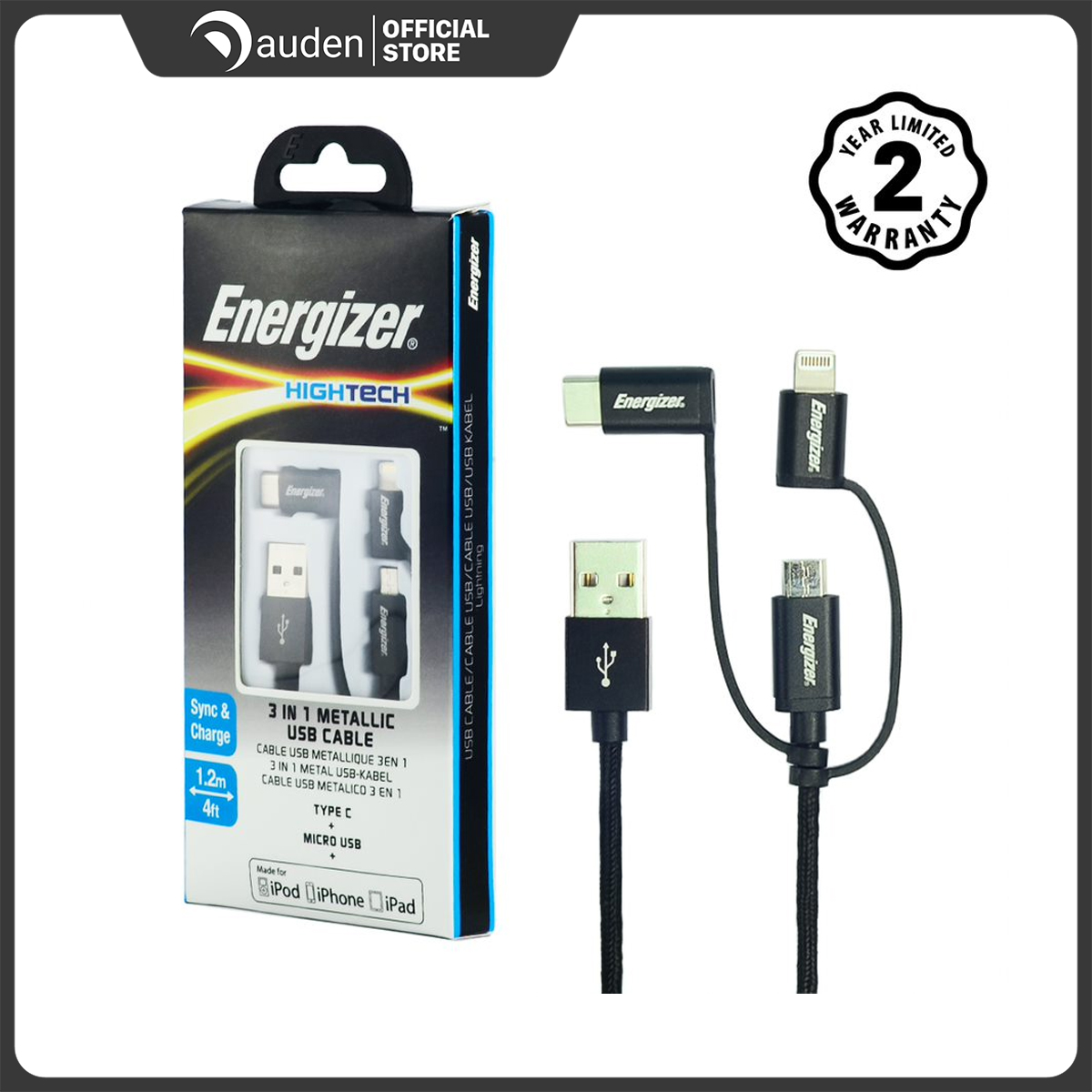 Cáp 3 trong 1 Lightning - MicroUSB - USB C Energizer Metallic 1m - C13UBX3CFBK4 (Đen)