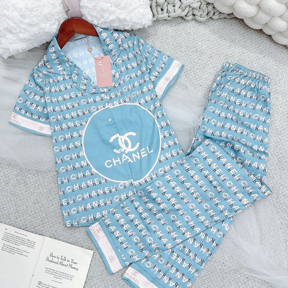 Pijama lụa họa tiết Chanel sang chảnh viền chữ siêu style  xanh PJ459BL   Hana Lady