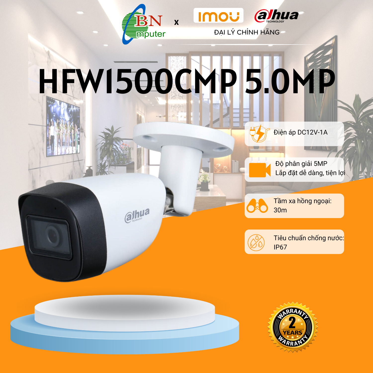 Camera quan sát Analog Dahua HFW 1500CMP 5.0MP dạng thân, IP67