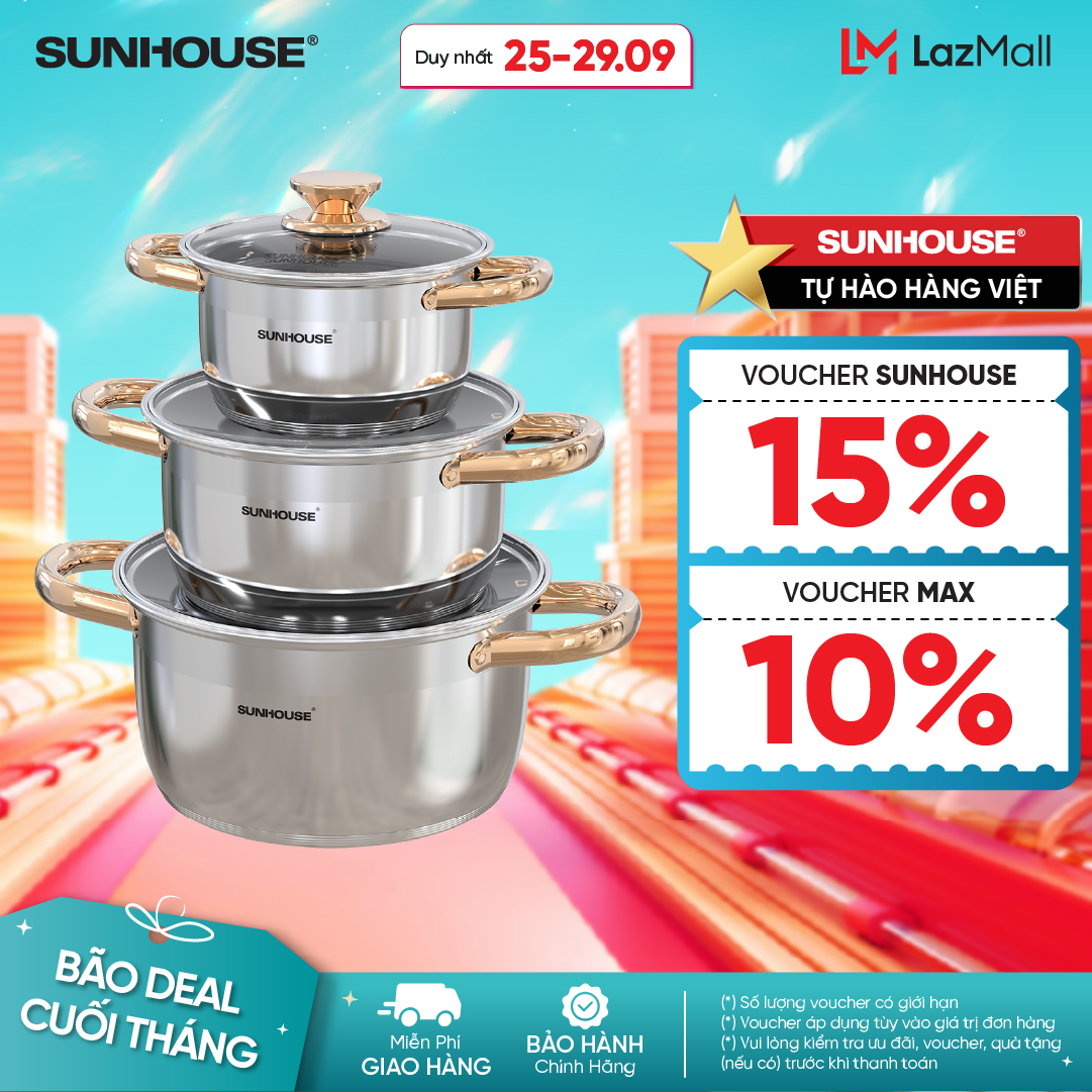 Bộ nồi inox 5 đáy SUNHOUSE SH781 - 16, 20, 24 cm tỏa nhiệt đều - Chất liệu inox an toàn - Phù hợp với mọi loại bếp - Hàng chính hãng