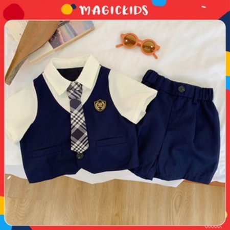 Bộ vest bé trai Hàn Quốc Magickids set vest 3 chi tiết gồm áo gile, áo sơ mi trắng cà vạt, quần short BR22034