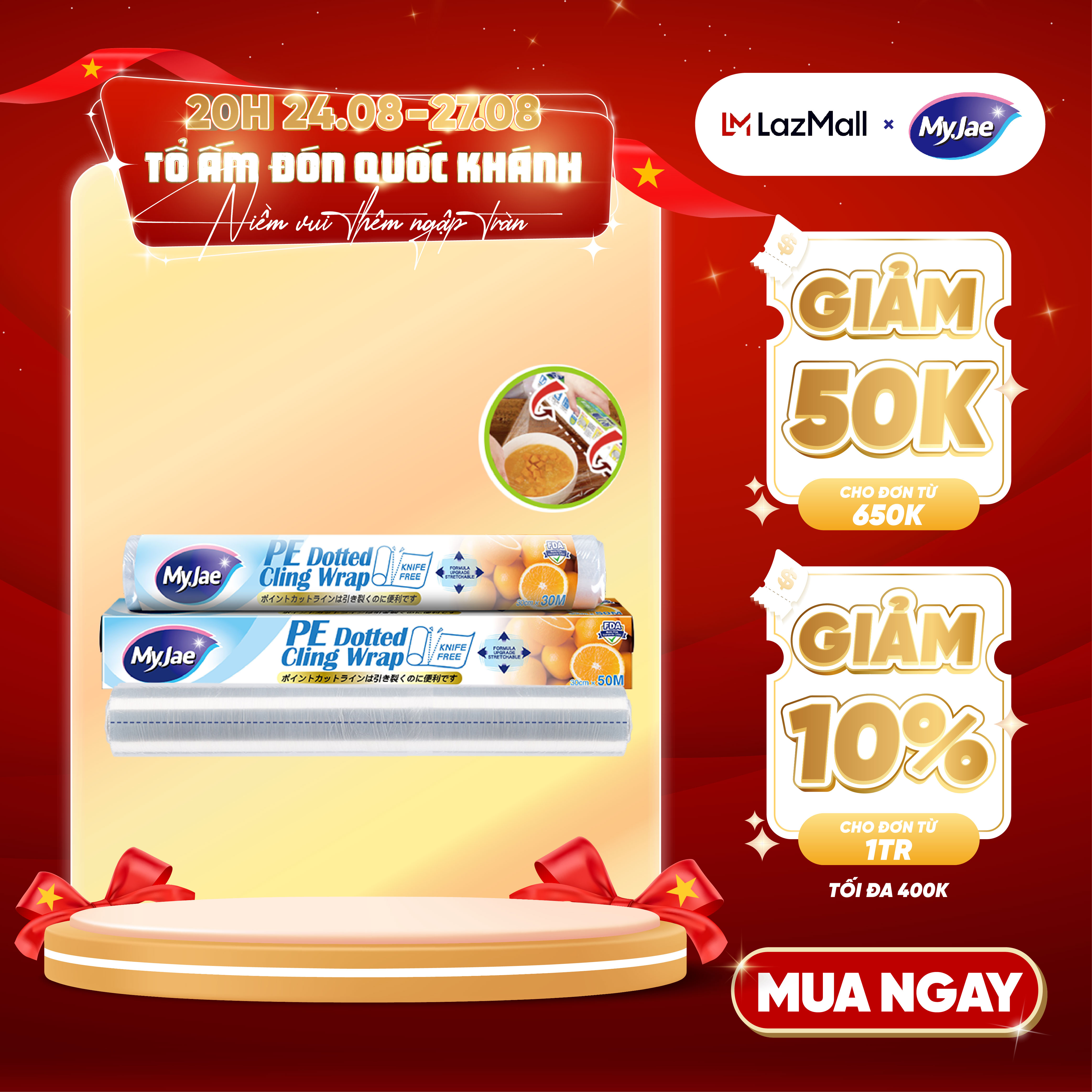 Màng bọc thực phẩm PE 50M MyJae, dạng xé chấm đứt ,co giãn tốt, bảo quản thực phẩm