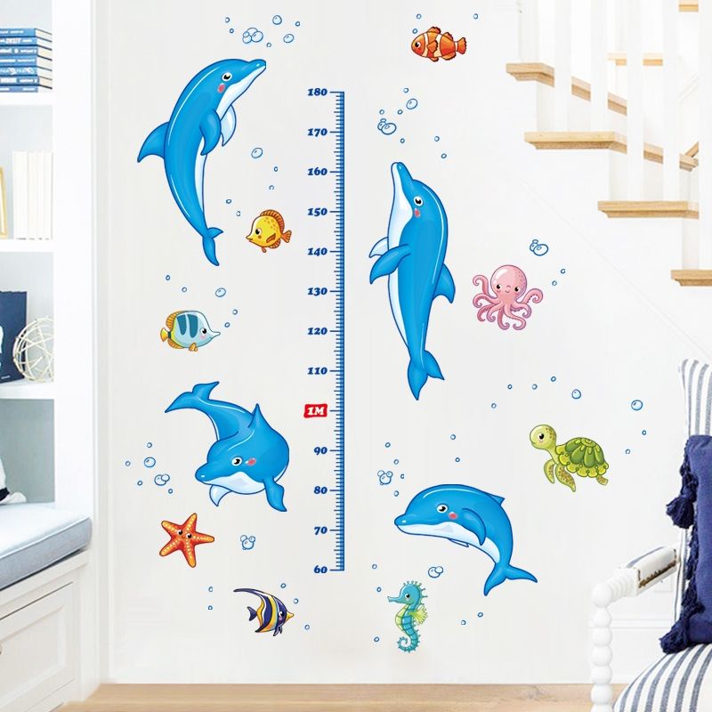Decal dán tường thước đo chiều cao cá heo dễ thương
