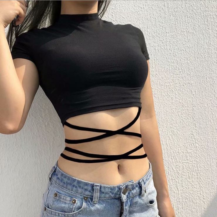 Áo croptop cổ tròn dây đan eo