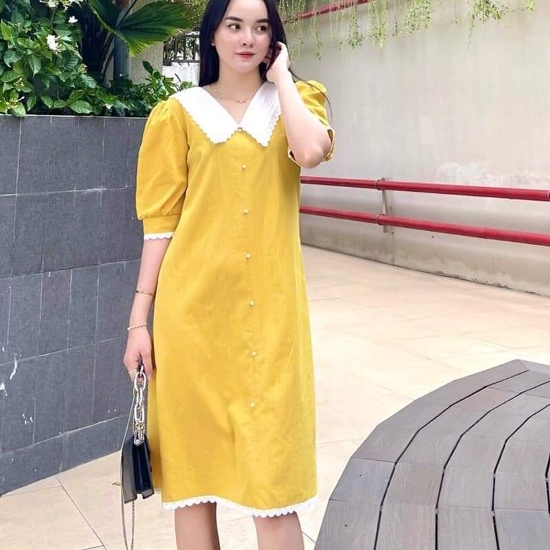 Váy bầu bigsize màu vàng chất đũi xước phối cúc ngọc