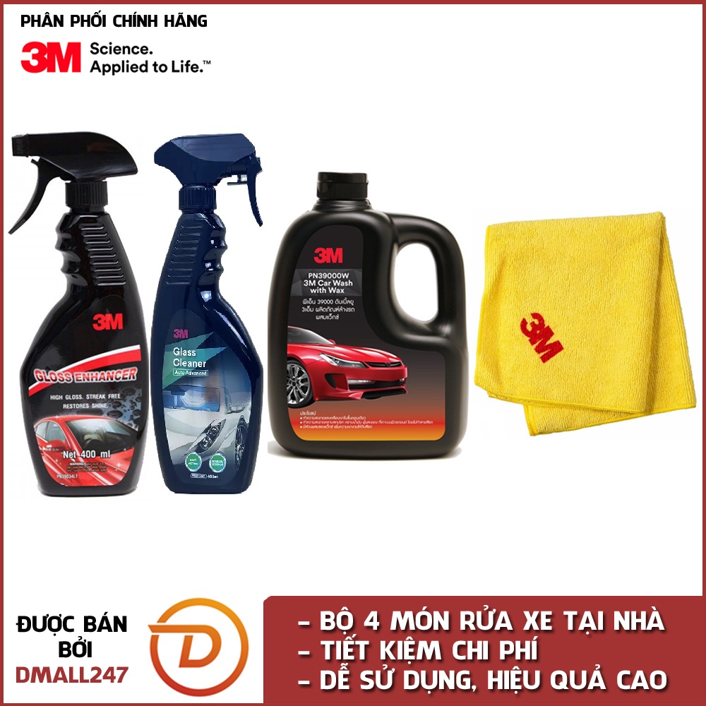Bộ 4 sản phẩm rửa xe chuyên nghiệp 3M tại nhà bao gồm Dung dịch rửa xe 2in1 1 lít PN39000W, khăn lau