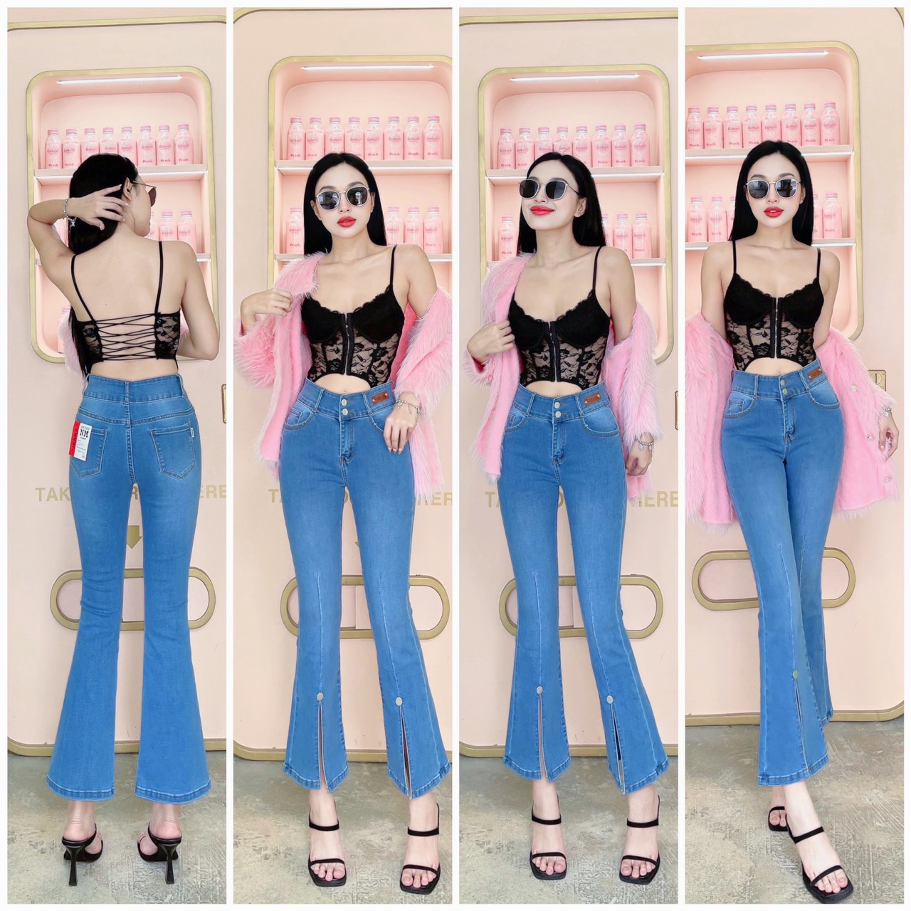 Quần jean nữ loe 9 tấc xanh sữa đính nút xẻ lai