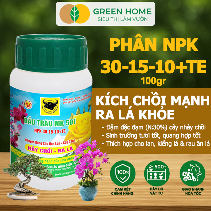 Phân Bón Lá Đầu Trâu MK 501, GreenHome, Chai 100GR,Chuyên Dùng Cho Hoa Lan, Cây Cảnh, Nảy Chồi Ra Lá