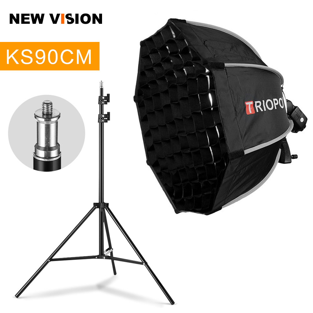 TRIOPO 90cm Foldable Octagon Softbox Bracket Mount Softbox Handle + Honeycomb Grid + 2m Light Stand for Godox Speedlite Flash