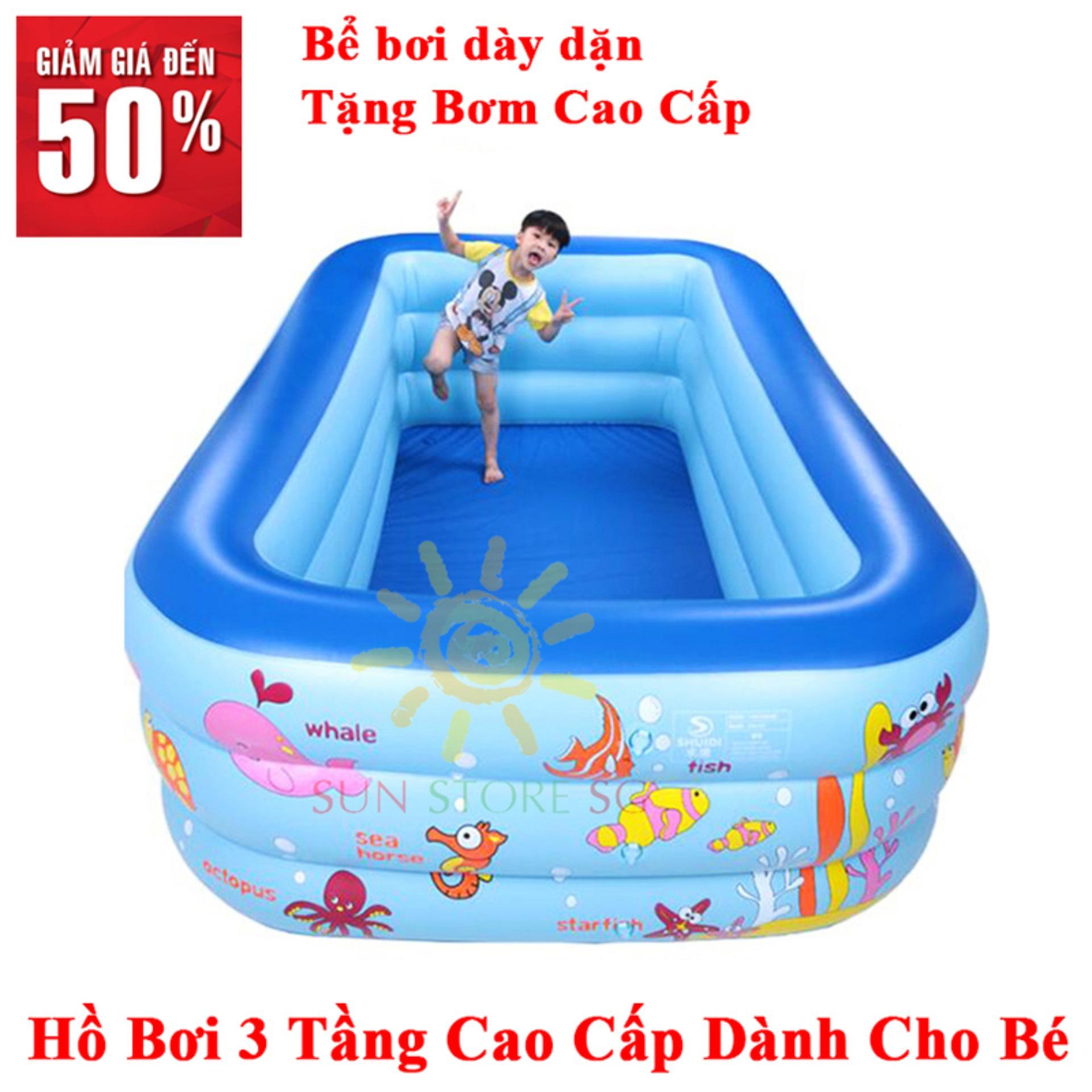 Hồ Bơi Phao Gia Đình Hình Chữ Nhật 3 Tầng Loại Dày (180 x 140 x 60Cm) - Tặng Kèm Bơm Chân Và Miếng Vá