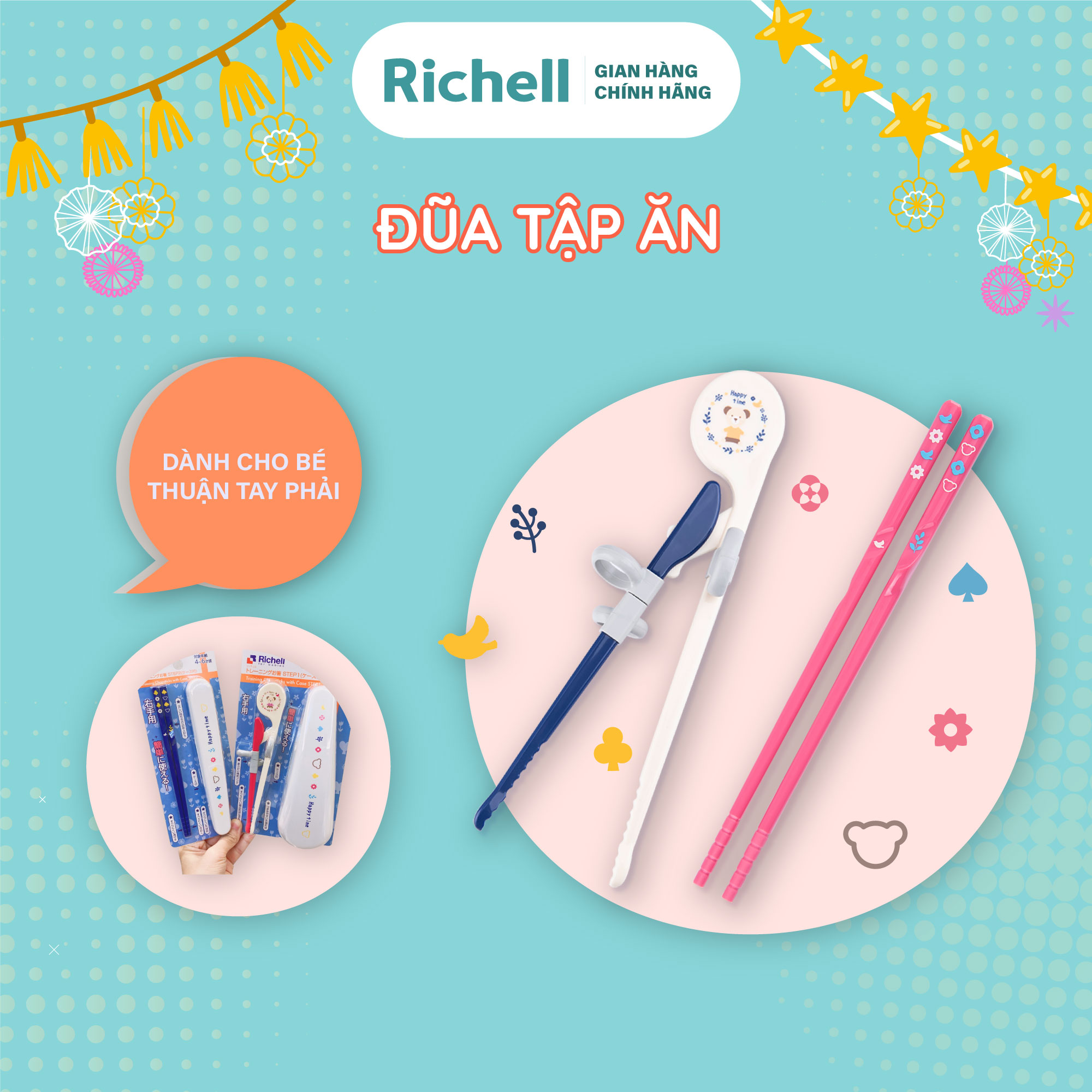 Đũa tập ăn RICHELL xỏ ngón cho bé tập gắp có hộp đựng | Baby