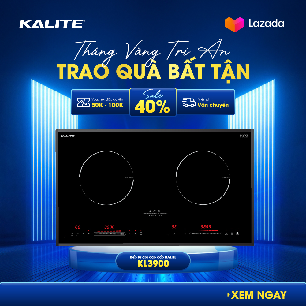 Bếp điện từ đôi Kalite KL-3900, công suất 4400W, tiết kiệm điện năng lên đến 30%, nấu nướng nhanh chóng với chế độ Booster đỉnh cao, thiết kế hiện đại trang trọng