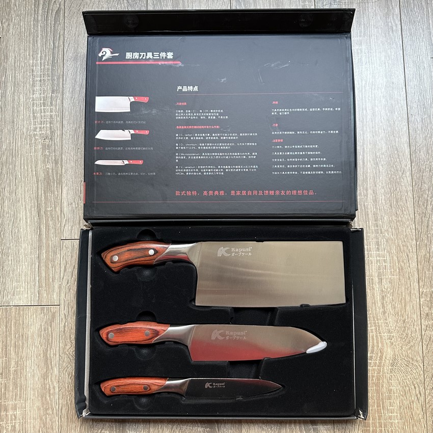 Bộ dao nhà bếp KAPUSI Nhật Bản cán gỗ gồm 3 cỡ, Thép không gỉ, Bh 12 tháng Tools and Hardware