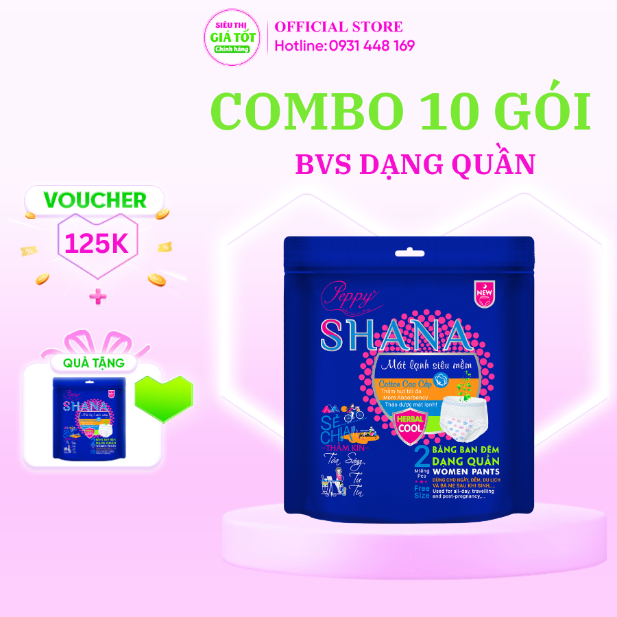 Bộ 10 gói Băng vệ sinh dạng quần SHANA êm mềm, siêu tiện lợi free size - 2 chiếc/gói, 10 chiếc/ gói