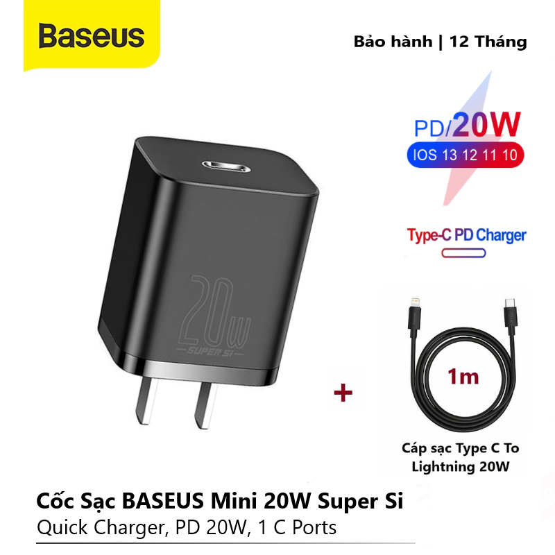 Củ Sạc BASEUS Mini 20W Super Si Sạc Nhanh dùng cho iPhone 12 iPad Xiaomi OPPO Vivo Vinsmart Huawei, Đầu ra Type-C