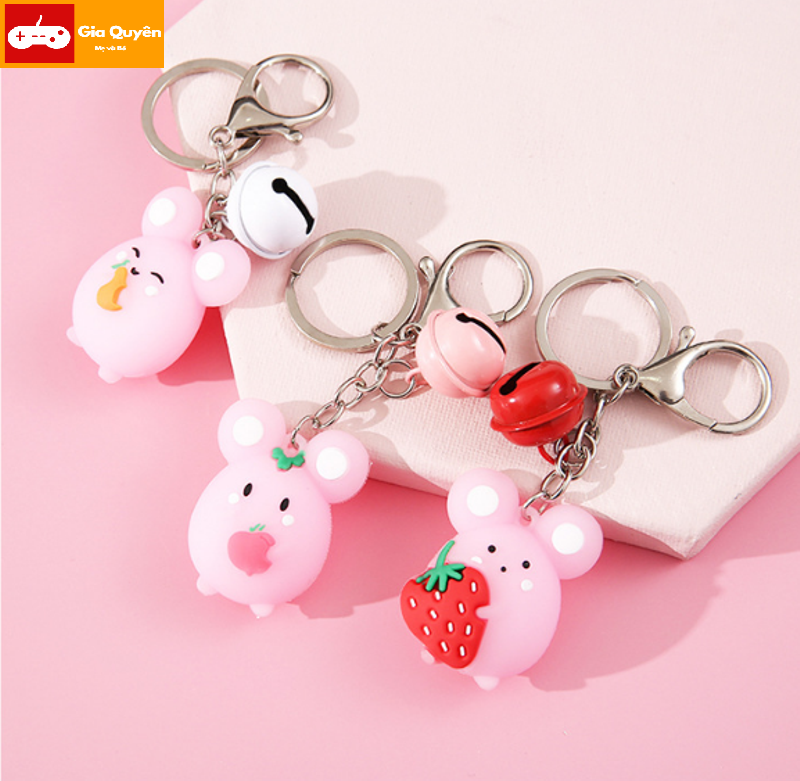 [HCM]Móc khóa silicon chuột hồng trắng cầm trái cây chuông mini móc khóa minimóc khóa hình con chuôtmóc khóa balo.móc khóa xe máyMOC KHOA MINI