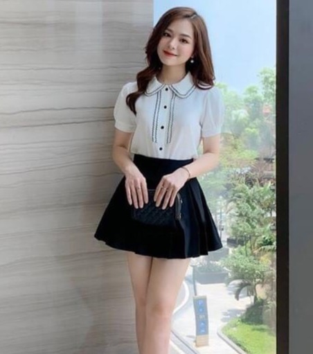 sét áo cổ bèo kèm chân váy đính nút set đồ nữ dễ thương đi chơi ao kieu nu dep thoi trang 2020