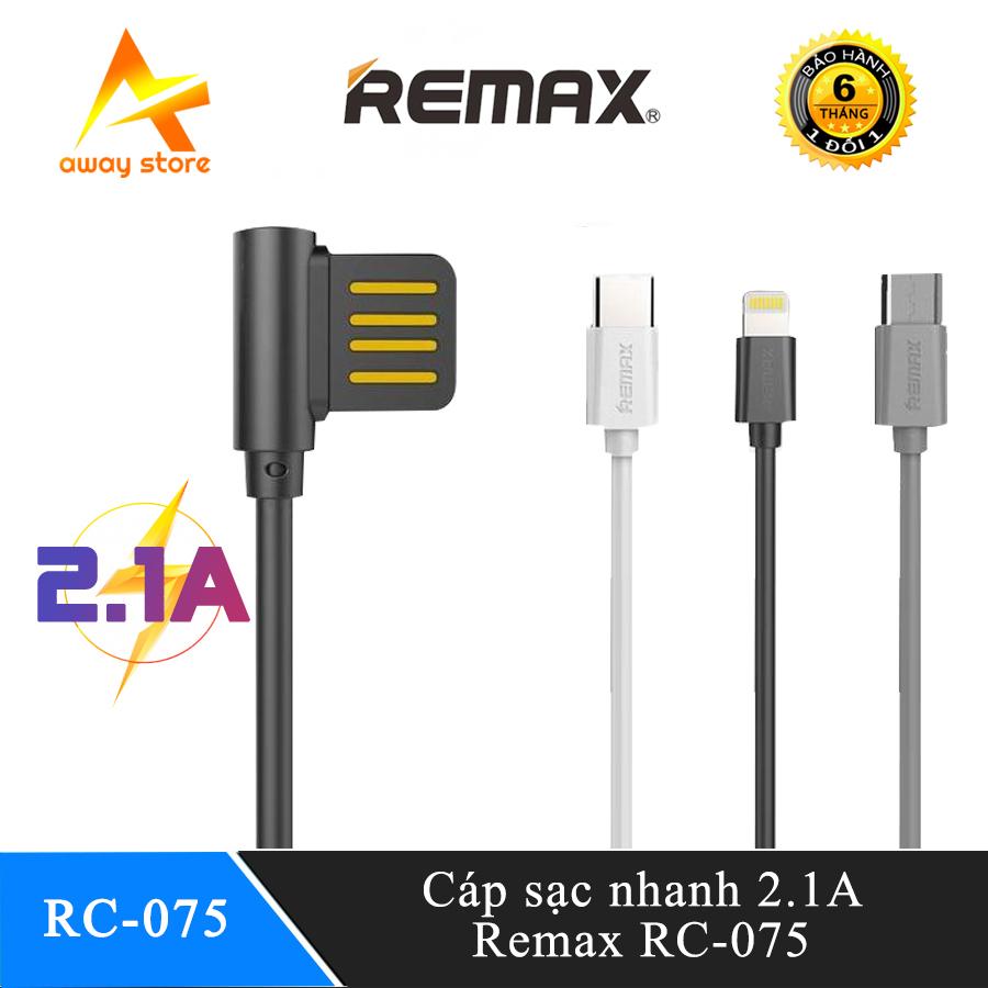 Cáp sạc nhanh 2.1A REMAX RC-075i Cổng Lightning cho Iphone Ipad, thiết kế đầu cáp dạng L, hạn chế tình trạng bẻ gập đầu cáp giúp kéo dài tuổi thọ sợi cáp