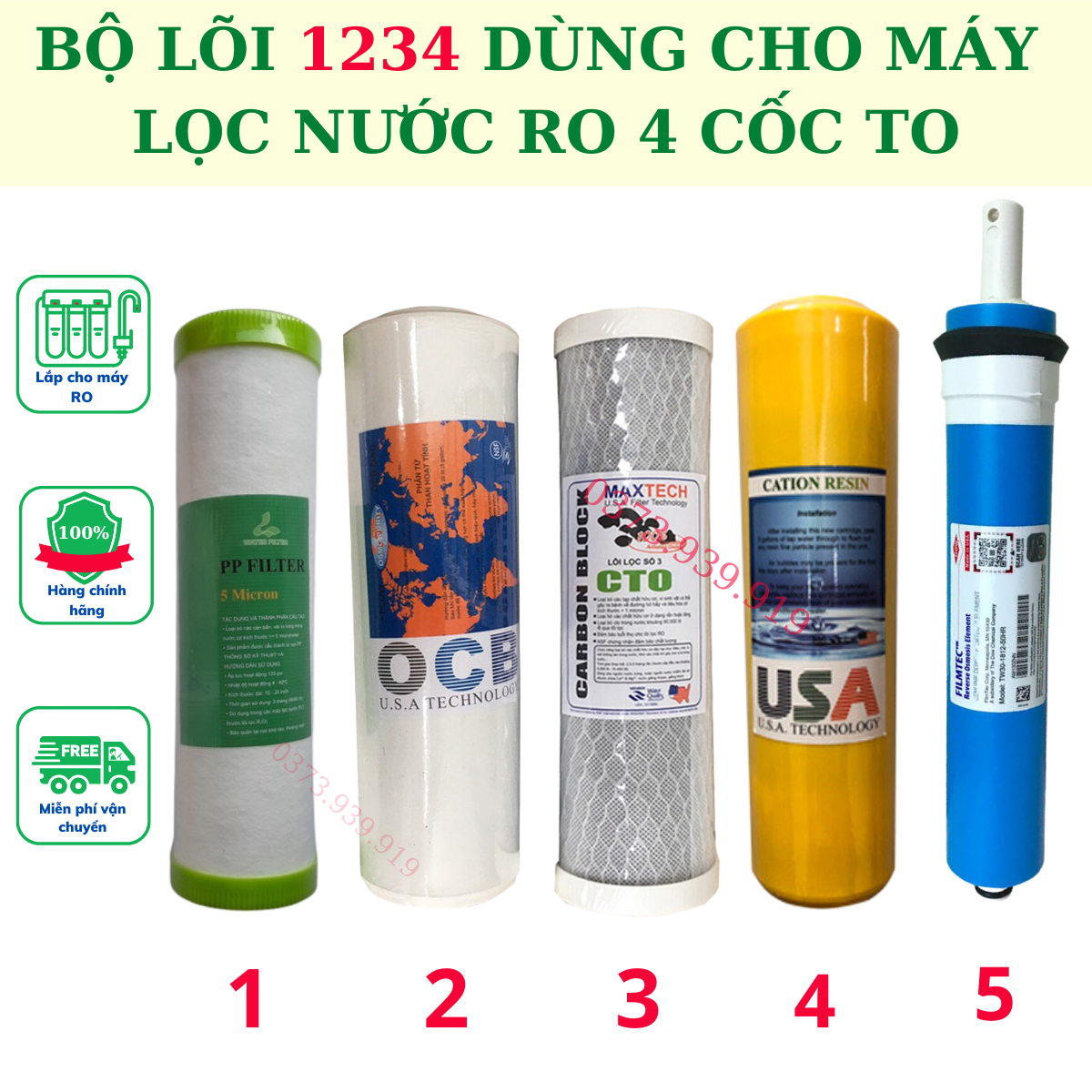 Bộ lõi lọc nước 12345 Dùng cho máy lọc nước RO 4 cốc to thay thế cho mọi loại máy RO có trên thị trường cam kết sản phẩm như hình