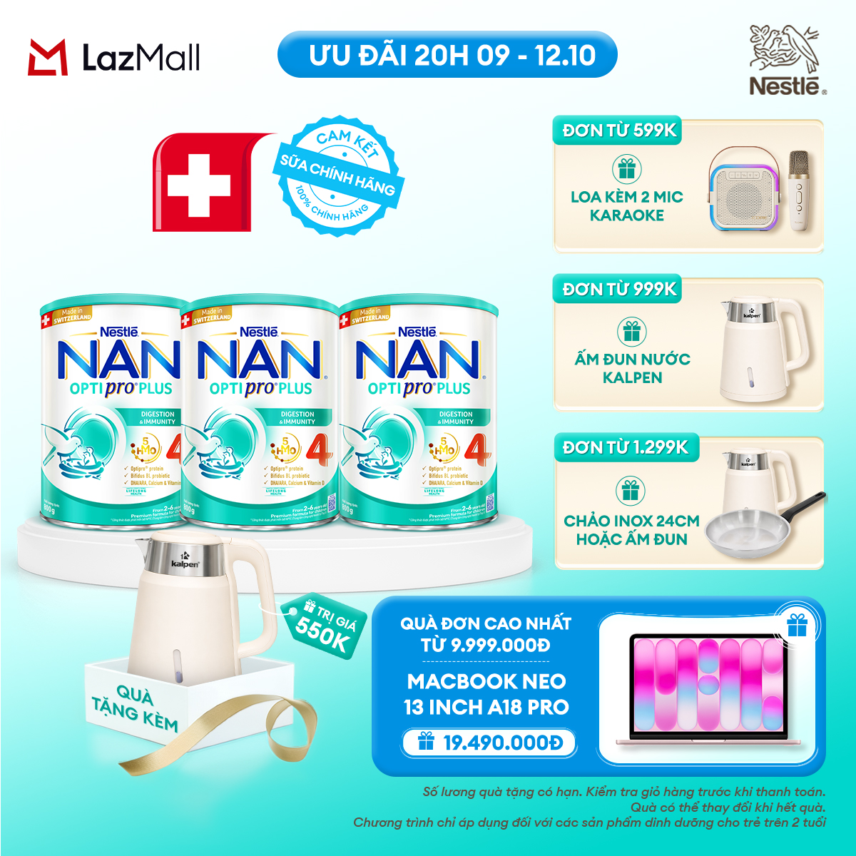 [CHỈ 20h 9-12.10 QT ĐƠN 599K/999K/1299K] [Tặng ấm đun siêu tốc kalpen] Combo 3 lon Sữa bột Nestlé NAN OPTIPRO PLUS 4 800g/lon với 5HMO Giúp tiêu hóa tốt + Tăng cường đề kháng
