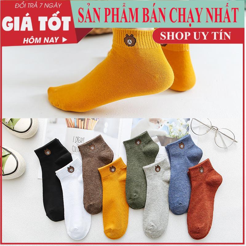 Combo 10 Đôi Tất Nam Nữ Cổ Ngắn Thêu Hình Gấu Cute Kèm Túi - Tất nam nữ cổ ngắn hình gấu chất cotton thấm mồ hôi dày dặn -Tất hình gấu hot trend (Nhiều màu)