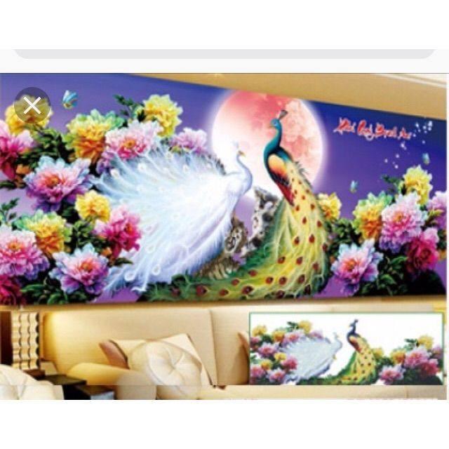 Tranh thêu chữ thập Hoa Khai Phú Quý thêu kín MN0049 kích thước 150cm x 64cm