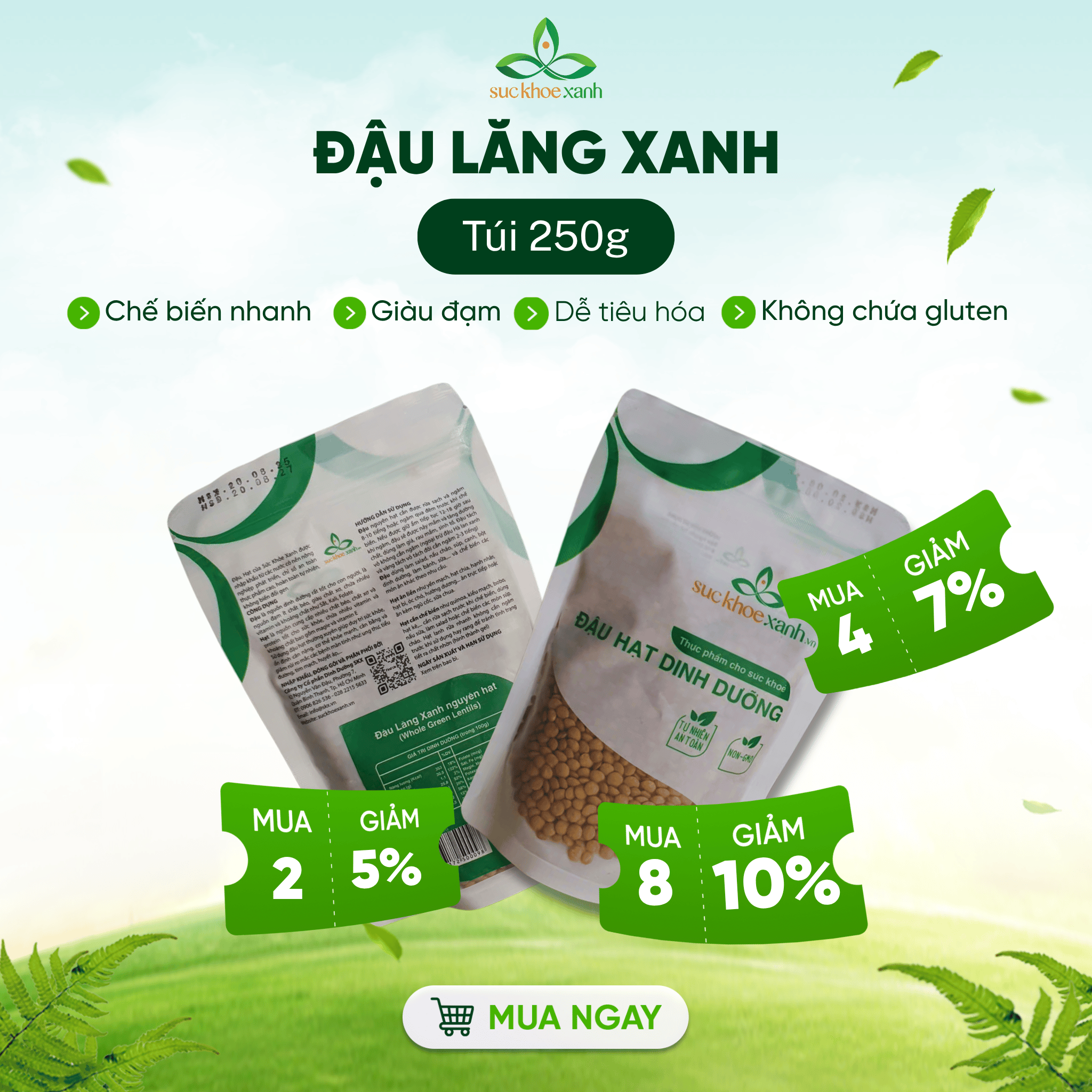 Đậu Lăng Xanh Canada 250g Sức Khỏe Xanh - Hạt nguyên chất - Dinh dưỡng cao - Món healthy ăn chay