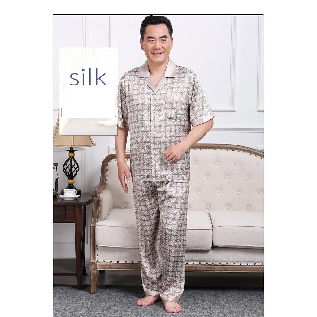 Bộ mặc nhà ông già sẵn hàng pyzama lụa ngắn tay