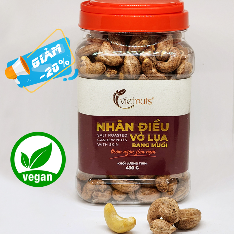 Nhân điều vỏ lụa rang muối Vietnuts hộp 430g