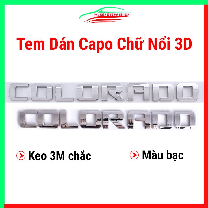 Tem dán capo xe ô tô chữ nổi 3D COLORADO, mặt sau logo chữ nổi có keo dính chắc chắn chữ màu bạc