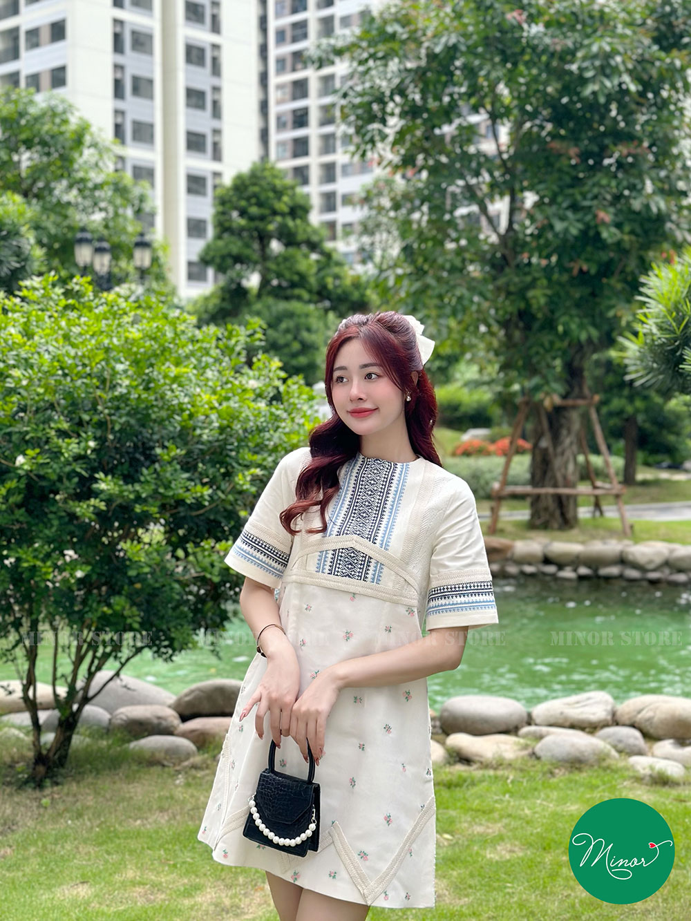 Đầm liền form babydoll 2 lớp hoa văn
