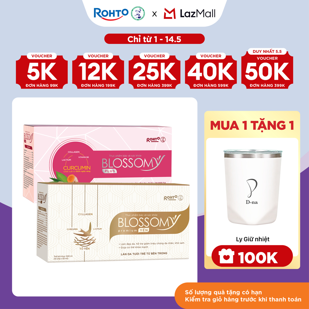 [VOUCHER 12%] [VB] Combo thức uống collagen đẹp da, hỗ trợ ngủ ngon Blossomy Premium Tổ Yến + Blossomy Curcumin