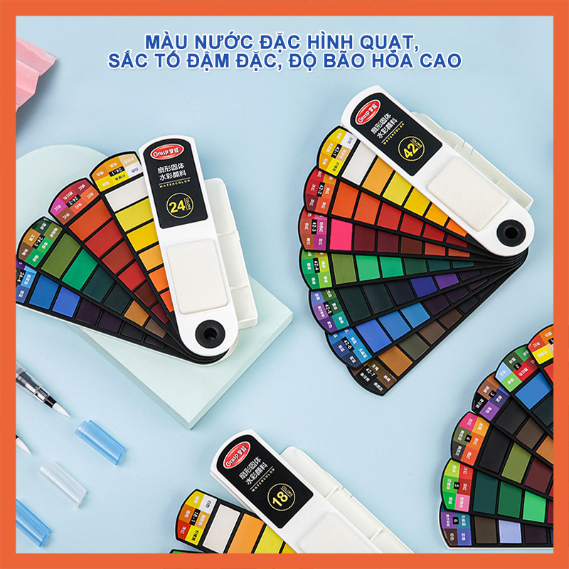 MÀU NƯỚC GRASP DẠNG THẺ NÉN 18/24/36/42 MÀU, TẶNG KÈM CỌ NƯỚC