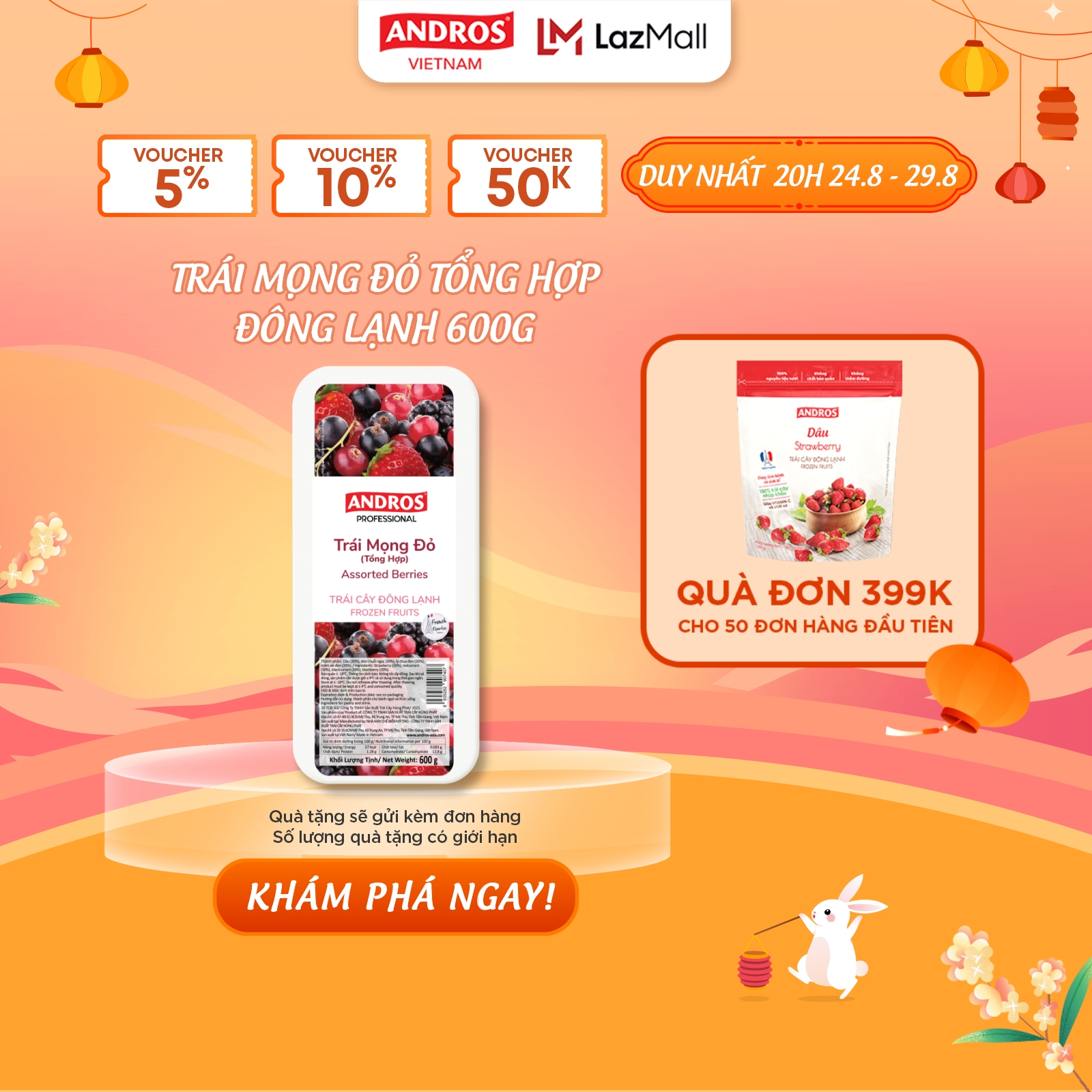 [Chỉ Giao Hỏa Tốc - HCM] Trái Mọng Đỏ Tổng Hợp Đông Lạnh - Không chất bảo quản - Trái cây đông lạnh ANDROS IQF - 600g