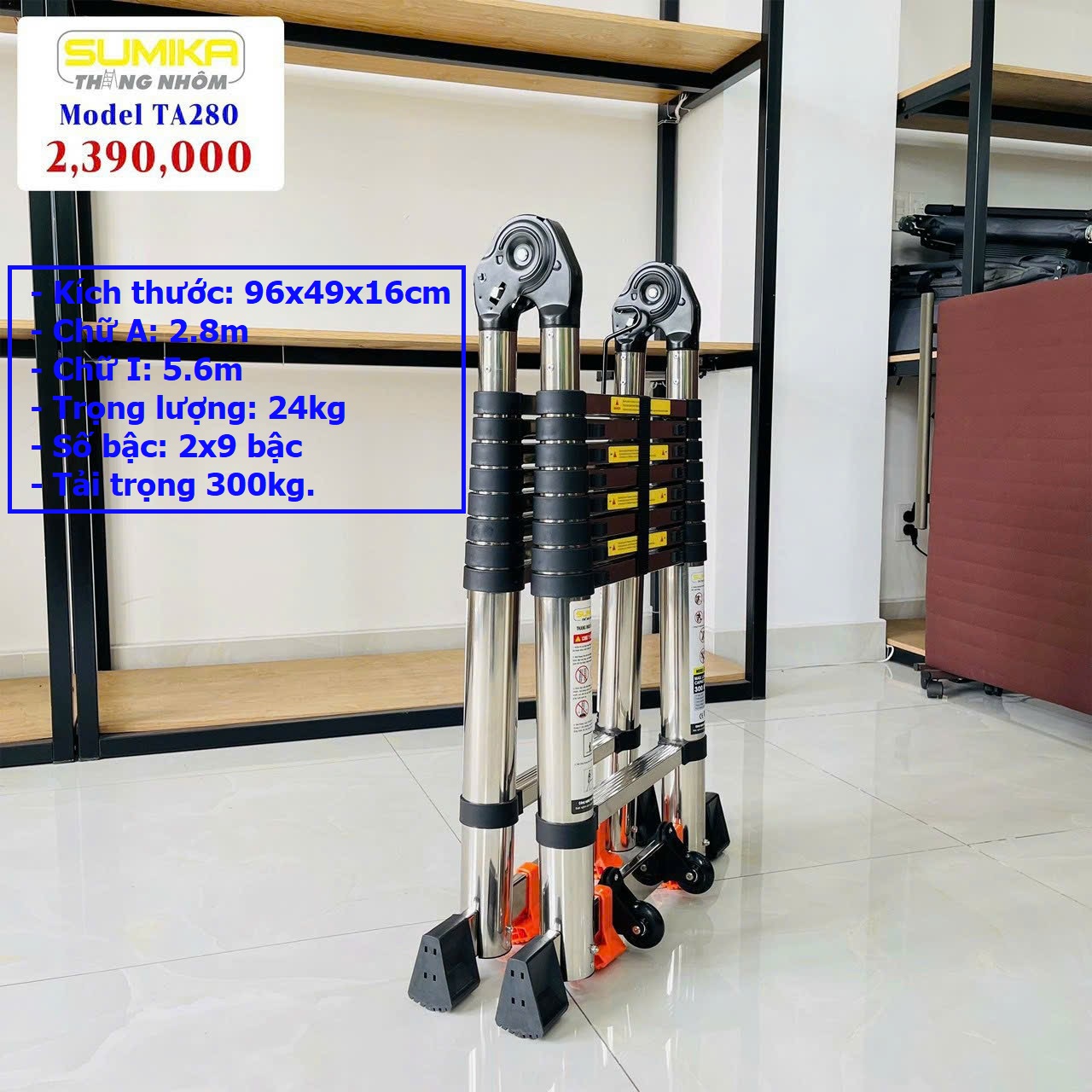 Thang Rút INOX Sumika, Thang Chữ A INOX SUMIKA TA280 New Chữ A 2.8 duỗi thẳng 5.6 , 2x6 bậc, Tải Trọng Vượt 300 Kg, Bảo Hành 23 Tháng