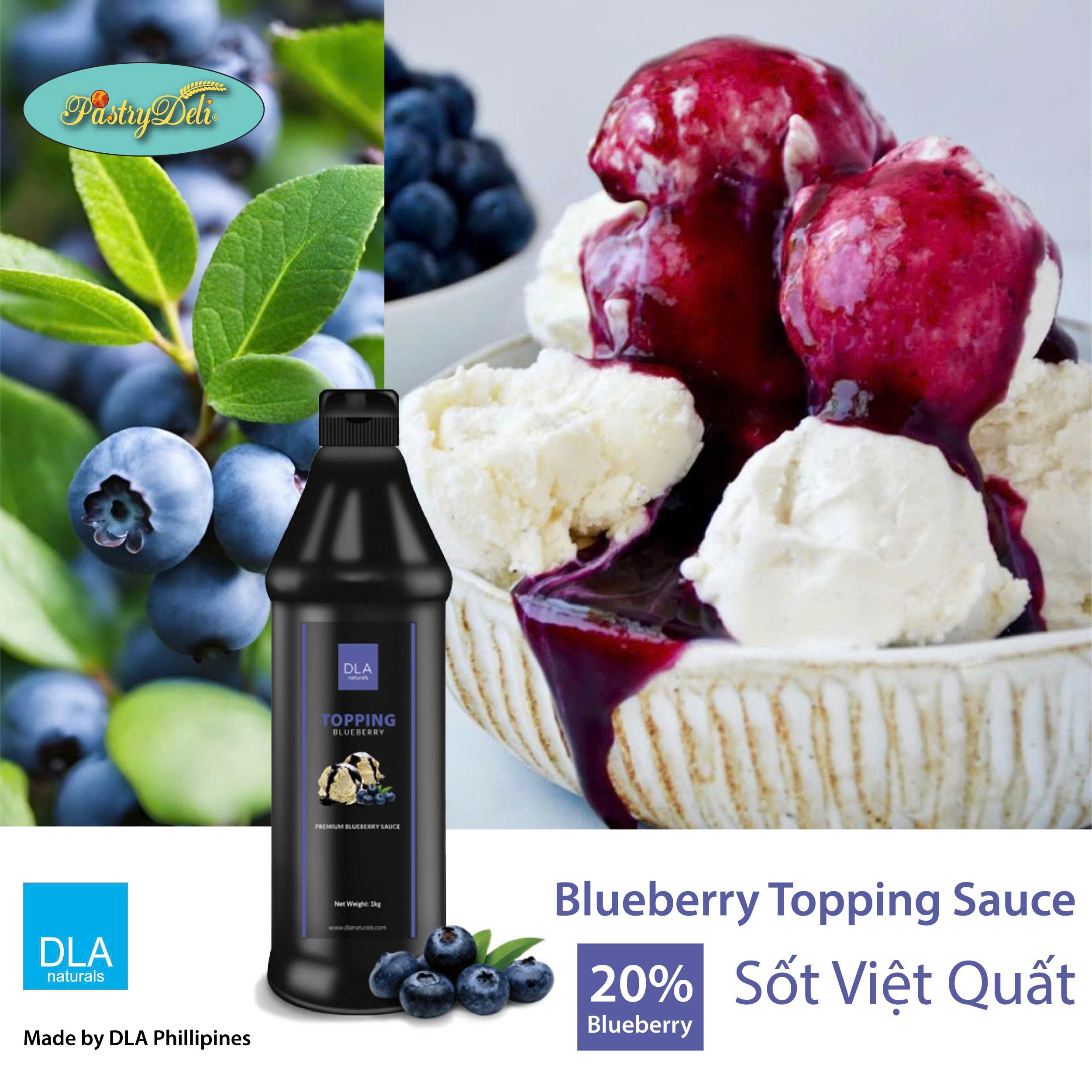  Topping Blueberry - Siro Topping 20% TRÁI CÂY NGUYÊN CHẤT - Sốt Việt Quất - Made in Philipines dùng để trang trí hoặc làm Topping các món kem và tráng miệng Chai 1Kg 