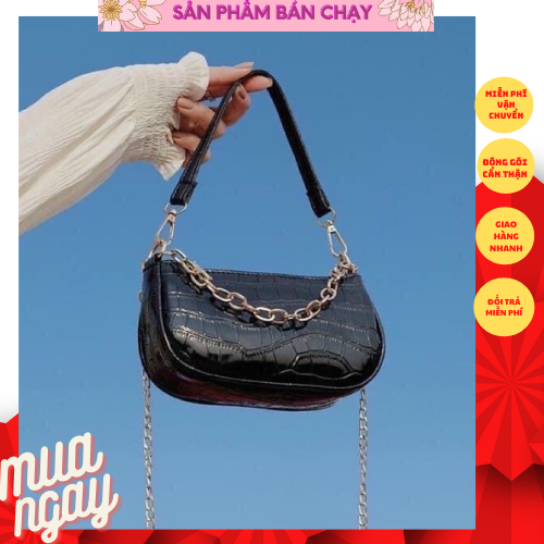 Túi kẹp nách da rắn phối dây xích siêu hot màu trắng đen - Túi kẹp nách da mềm giá rẻ