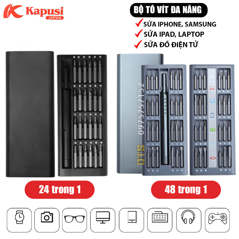 Bộ tua vít đa năng mini Kapusi JAPAN có nam châm vít thép Nhật, dụng cụ mở sửa chữa điện thoại, iphone, laptop, điện tử, bộ tô vít sửa chữa iphone, bộ tô vít đa năng nhỏ gọn, bộ tua vít từ tính chính xác 48 trong 1