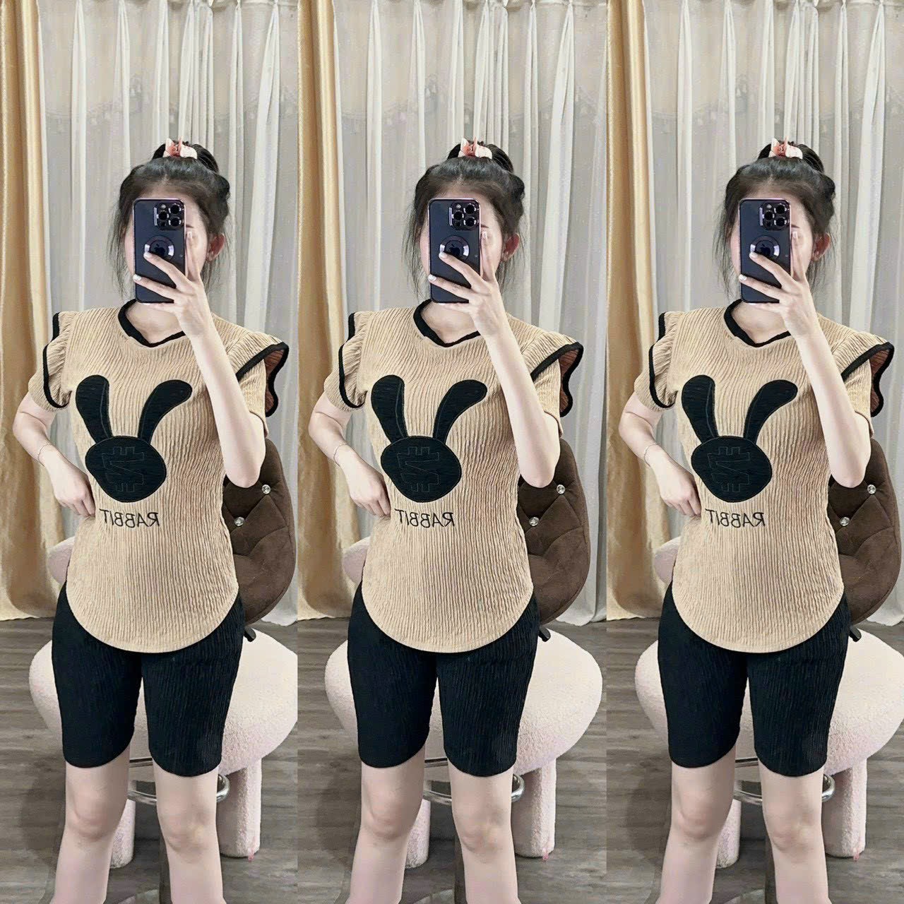 [Free Ship 2024] Set Bộ Nữ Lửng Ngố Áo Thun Vải Xốp Nhật Tay Ngắn Phủ Bèo Thêu Hình Thỏ Phối Quần Ngố Với 5 Màu Siêu Xinh